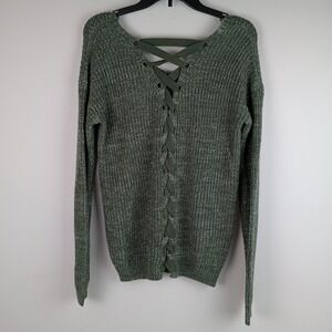 SO Heritage Womens S Green Lace Up Back V-Neck Long Sleeve Knit Pullover Sweater